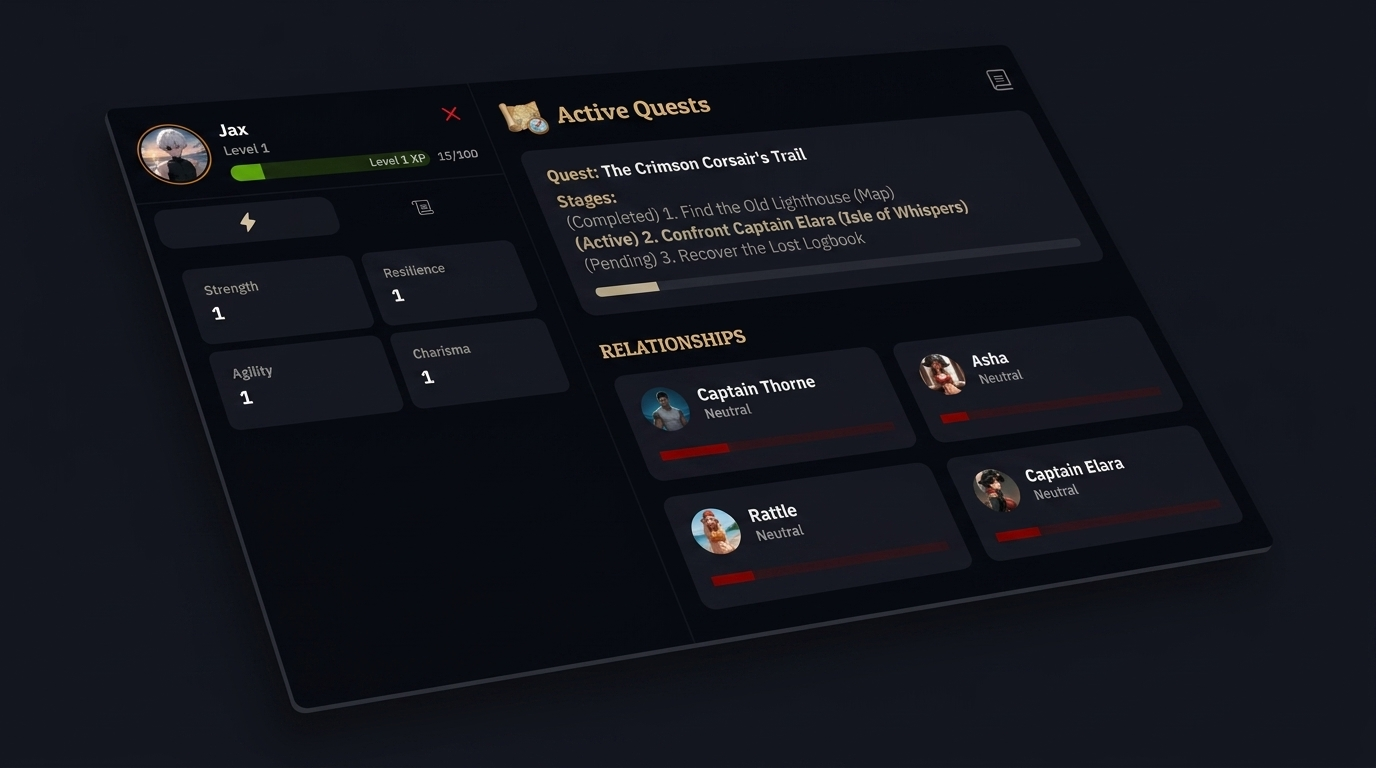 RPG Mode gameplay showing sidebar with stats and quest tracker