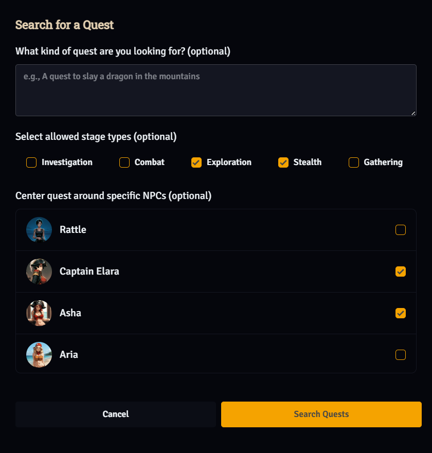 Quest modal showing quest customization