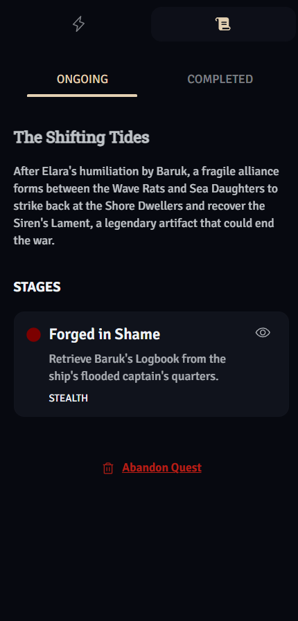 Quest panel showing an active quest with stages