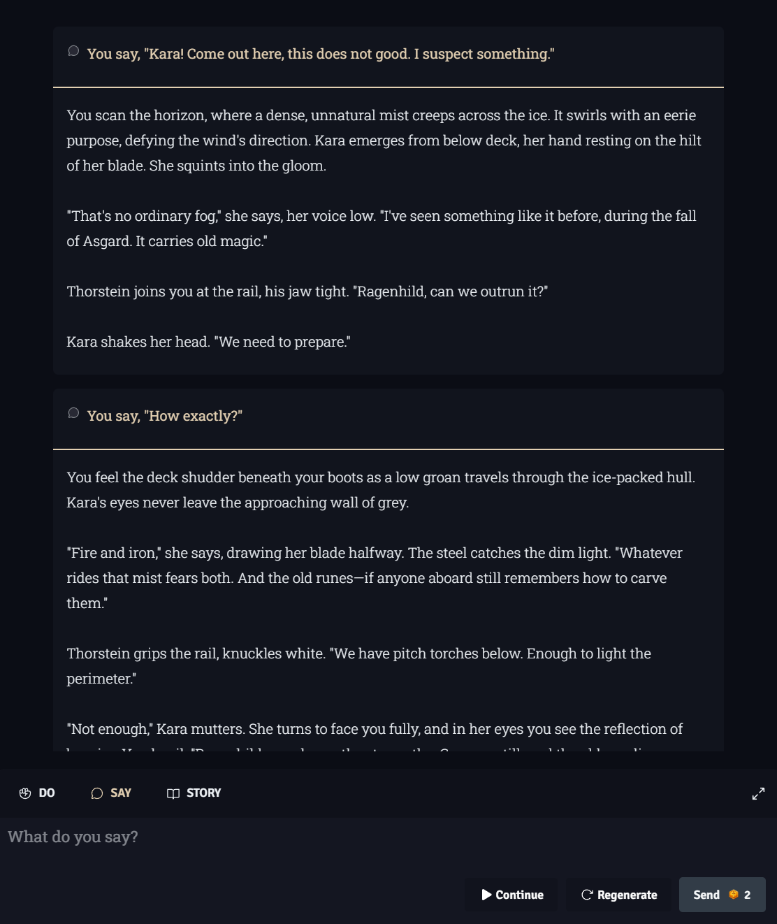 Story Mode gameplay showing narrative text and input