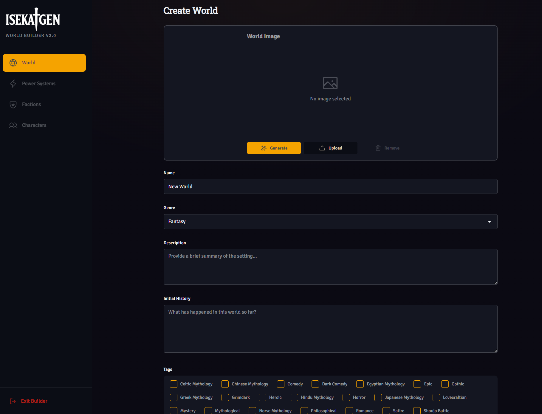 World creator interface showing faction and character settings